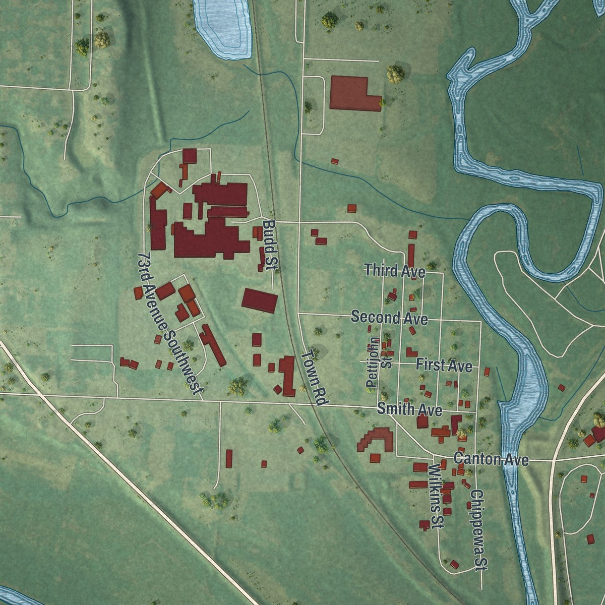 Second close-up of the map of Montevideo, Minnesota print showing more streets and buildings