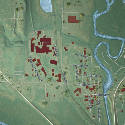 Second close-up of the map of Montevideo, Minnesota print showing more streets and buildings