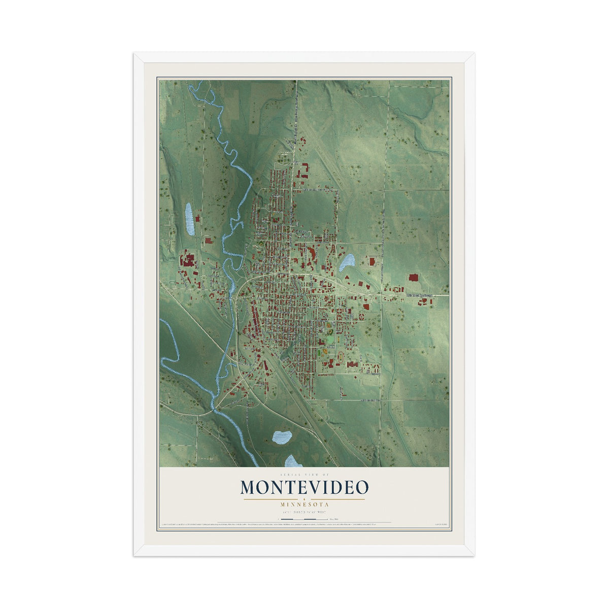 Map of Montevideo, Minnesota, 12 x 18 inch print in a white wood frame