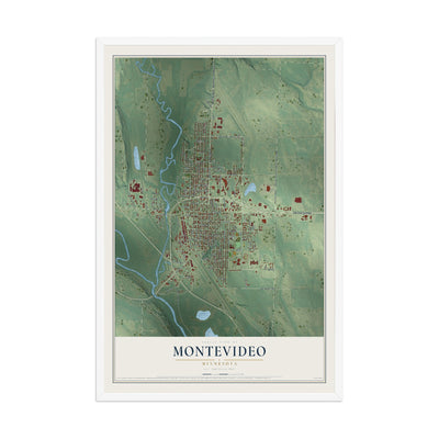 Map of Montevideo, Minnesota, 12 x 18 inch print in a white wood frame