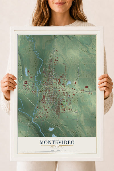 Map of Montevideo, Minnesota, 18 x 24 inch print in a white wood frame