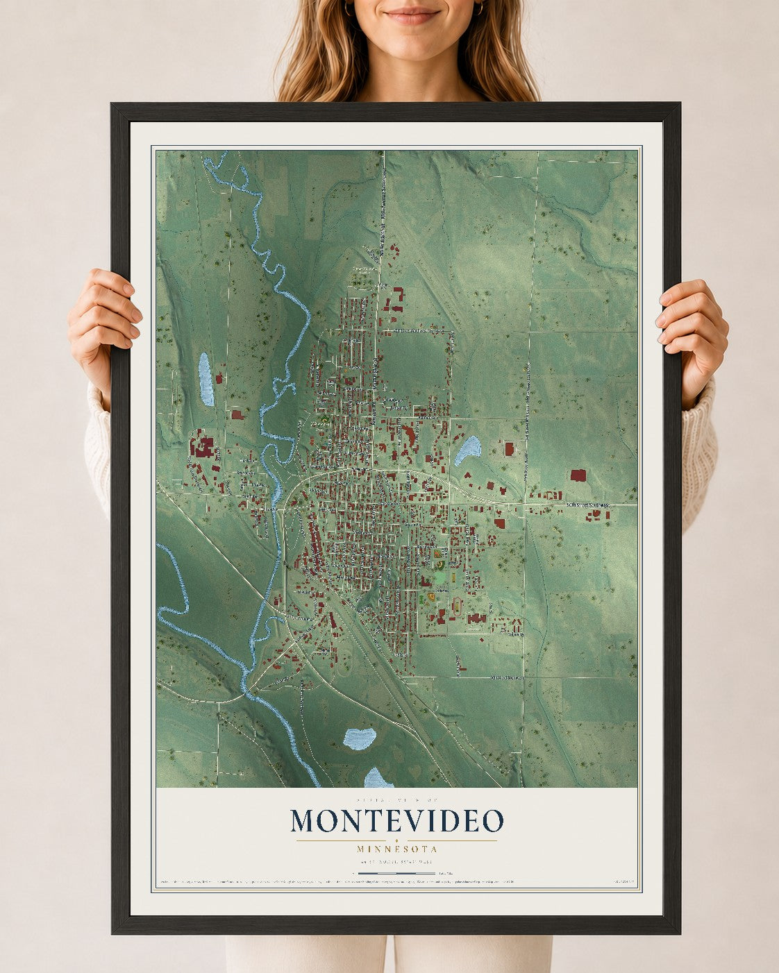 Map of Montevideo, Minnesota, 24 x 36 inch print in a black wood frame