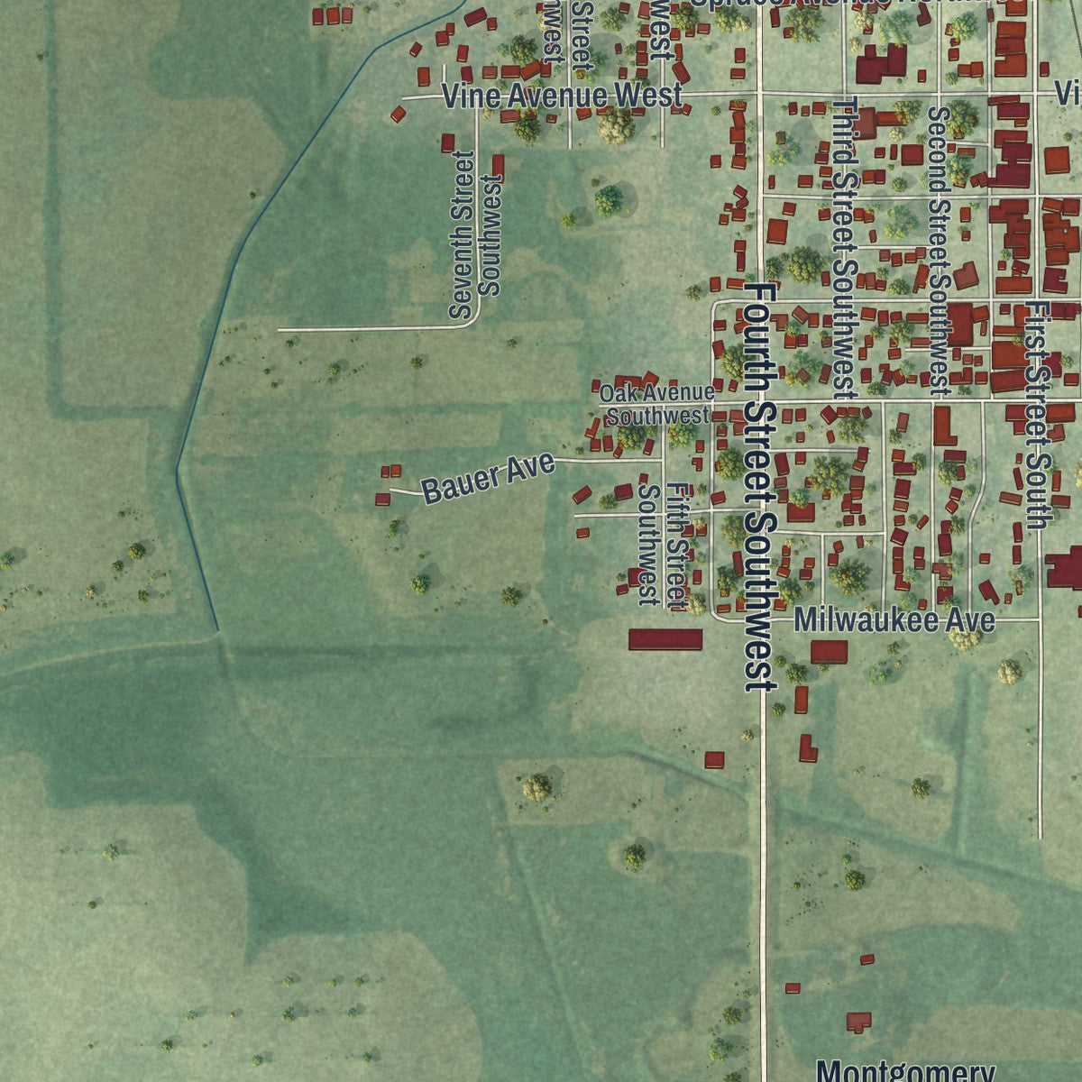 Second close-up of the map of Montgomery, Minnesota print showing more streets and buildings