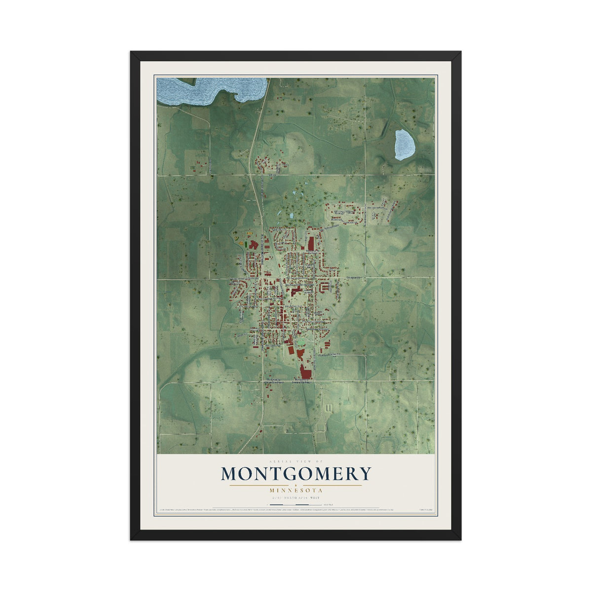 Map of Montgomery, Minnesota, 12 x 18 inch print in a black wood frame
