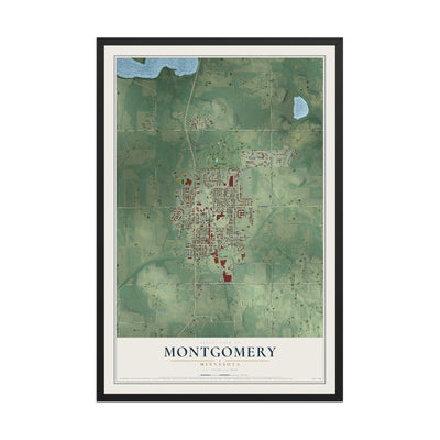 Map of Montgomery, Minnesota, 12 x 18 inch print in a black wood frame