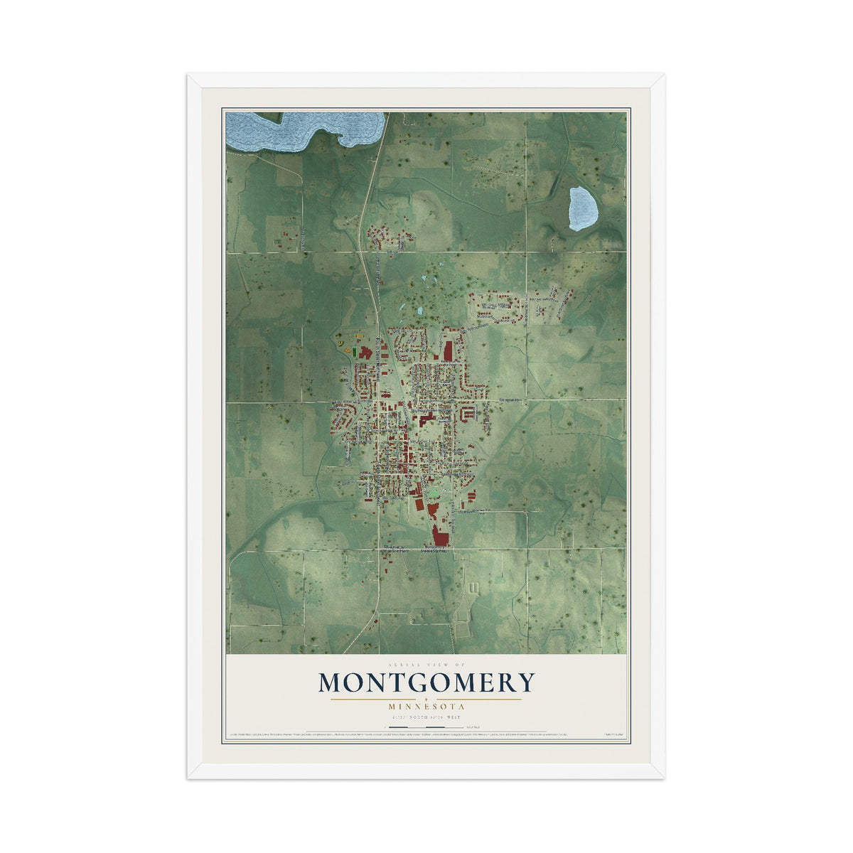 Map of Montgomery, Minnesota, 12 x 18 inch print in a white wood frame