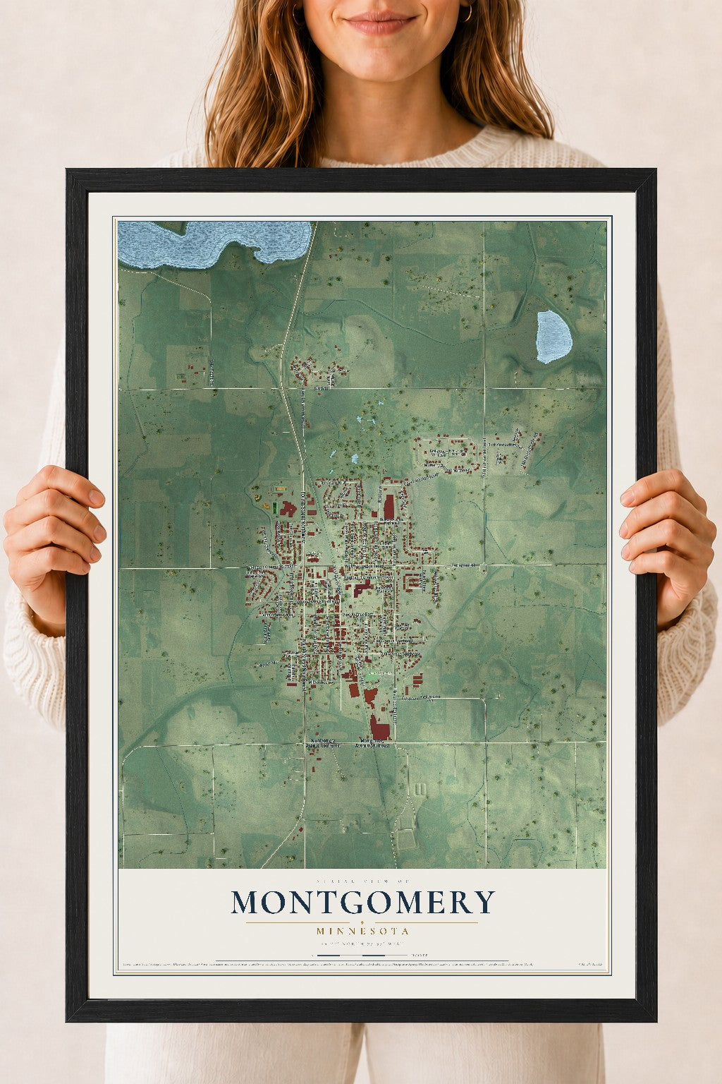 Map of Montgomery, Minnesota, 18 x 24 inch print in a black wood frame