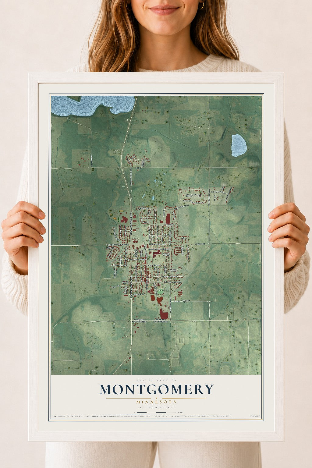 Map of Montgomery, Minnesota, 18 x 24 inch print in a white wood frame