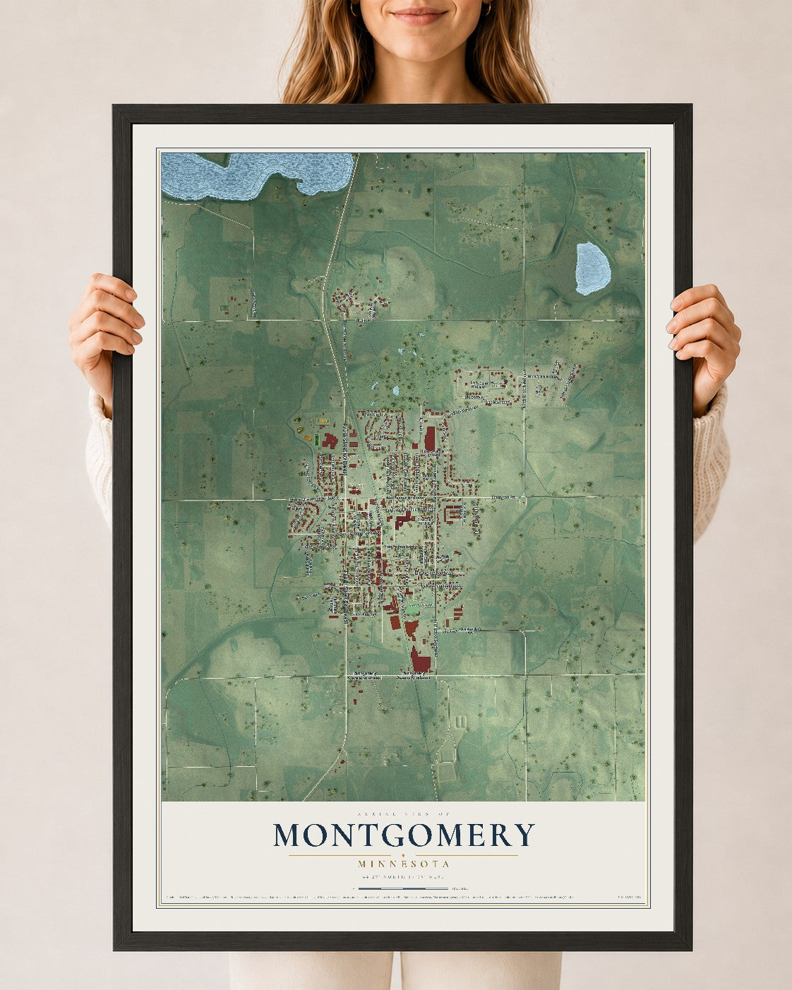 Map of Montgomery, Minnesota, 24 x 36 inch print in a black wood frame