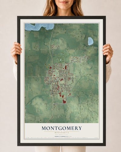 Map of Montgomery, Minnesota, 24 x 36 inch print in a black wood frame
