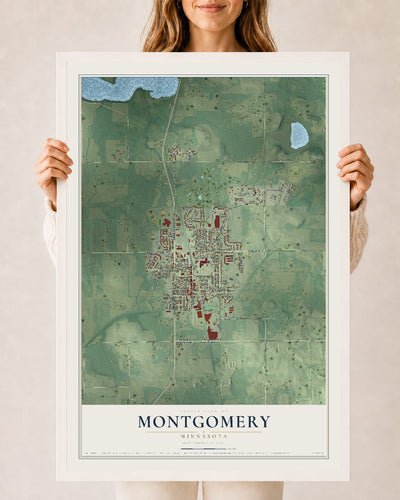 Map of Montgomery, Minnesota, 24 x 36 inch print in a white wood frame
