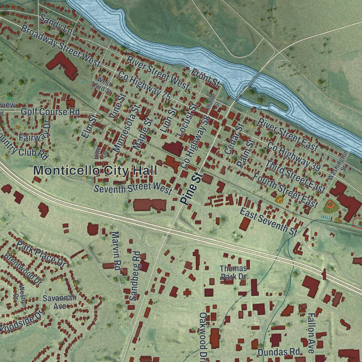 Close-up of the map of Monticello, Minnesota print showing street and building detail