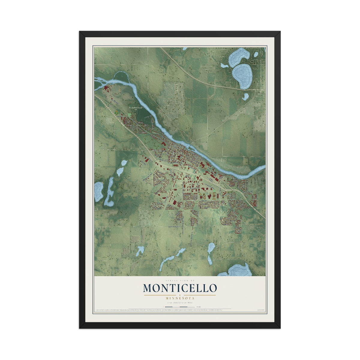 Map of Monticello, Minnesota, 12 x 18 inch print in a black wood frame