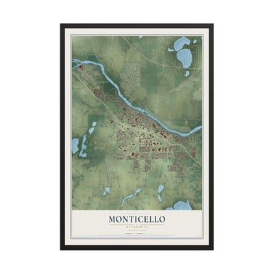 Map of Monticello, Minnesota, 12 x 18 inch print in a black wood frame