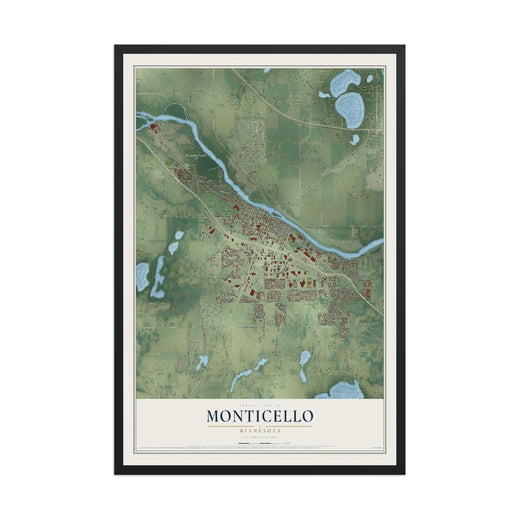 Map of Monticello, Minnesota, 12 x 18 inch print in a black wood frame