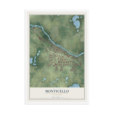 Map of Monticello, Minnesota, 12 x 18 inch print in a white wood frame