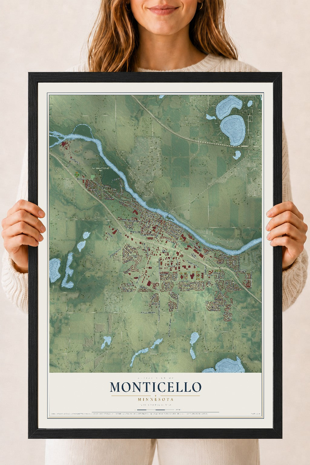 Map of Monticello, Minnesota, 18 x 24 inch print in a black wood frame