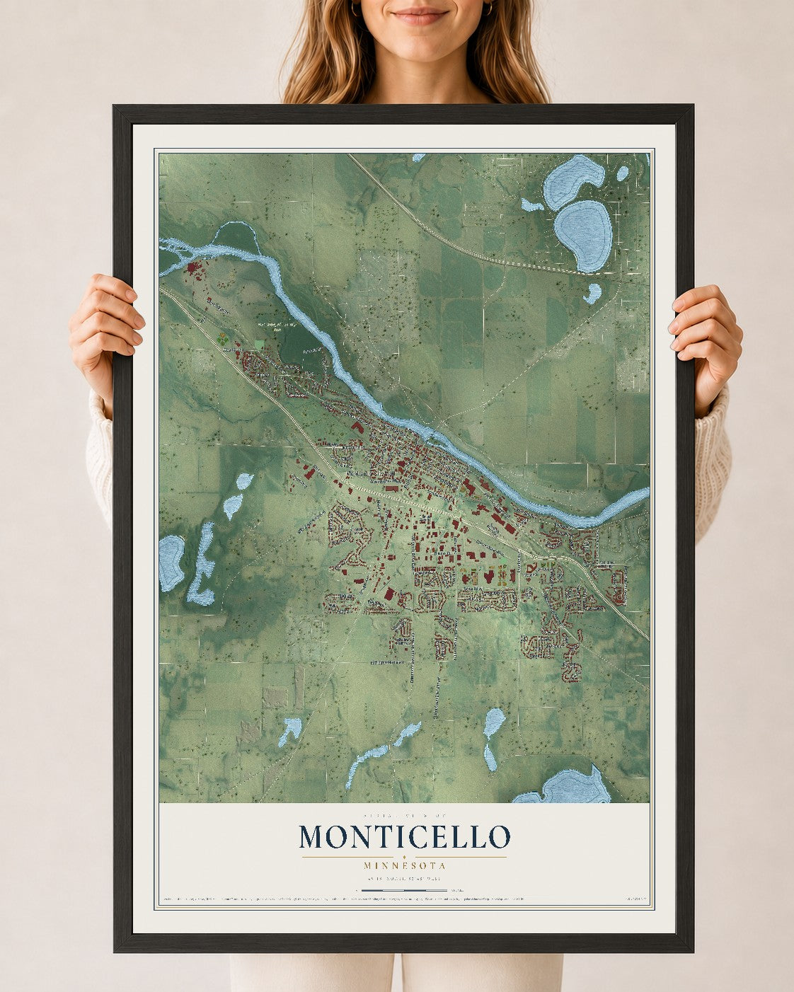 Map of Monticello, Minnesota, 24 x 36 inch print in a black wood frame
