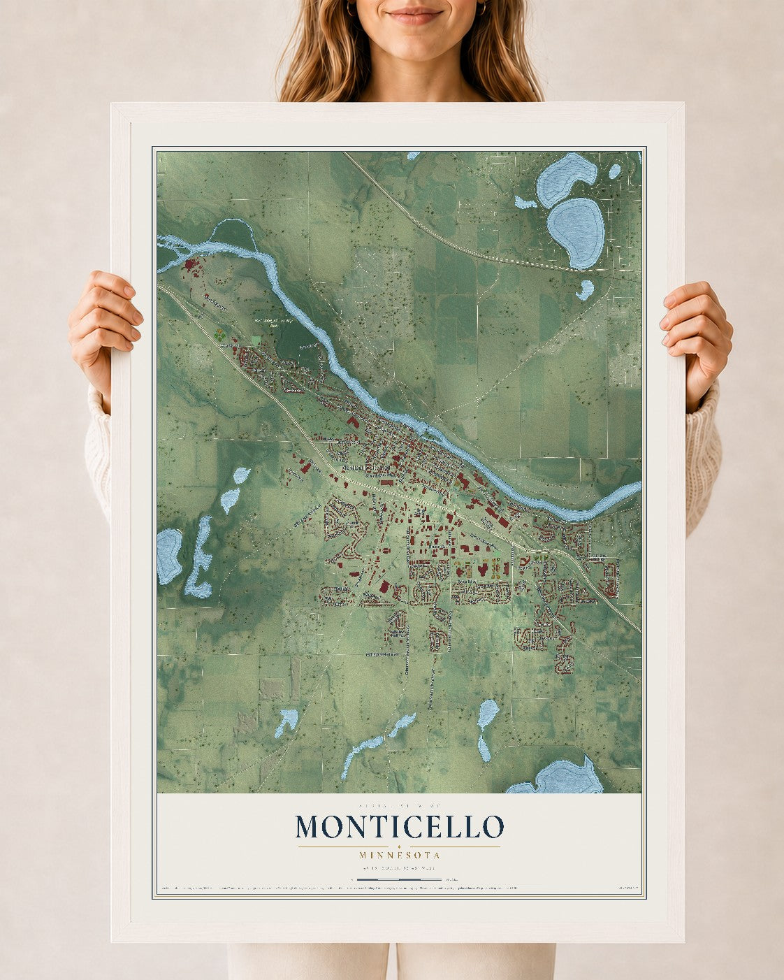 Map of Monticello, Minnesota, 24 x 36 inch print in a white wood frame