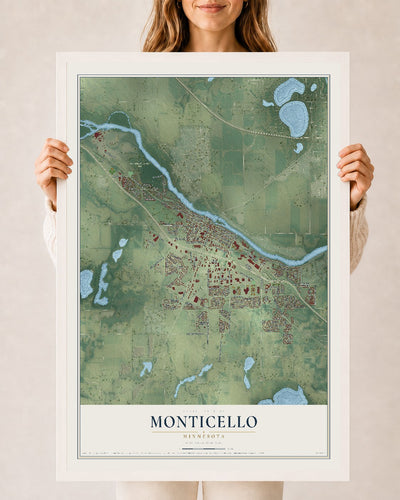 Map of Monticello, Minnesota, 24 x 36 inch print in a white wood frame