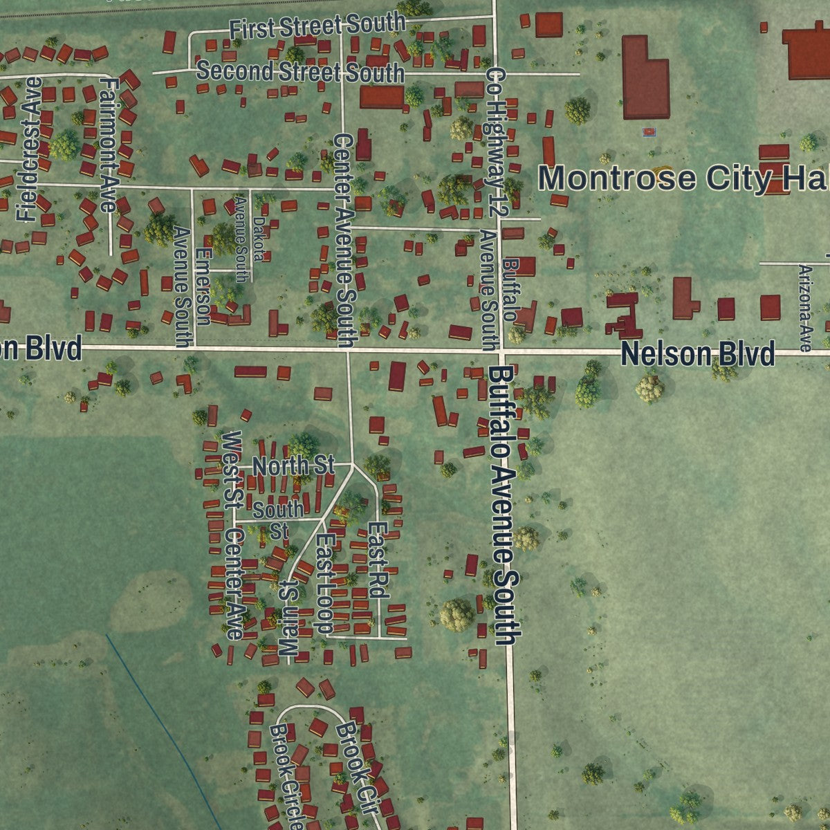 Close-up of the map of Montrose, Minnesota print showing street and building detail