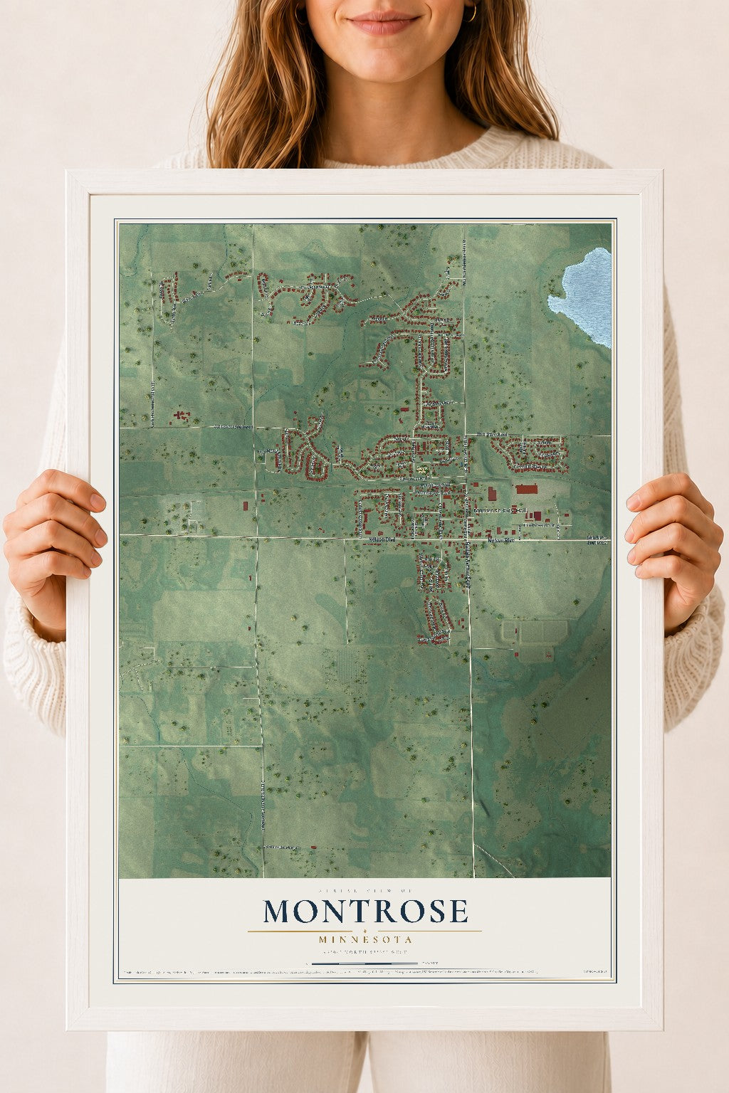 Map of Montrose, Minnesota, 18 x 24 inch print in a white wood frame