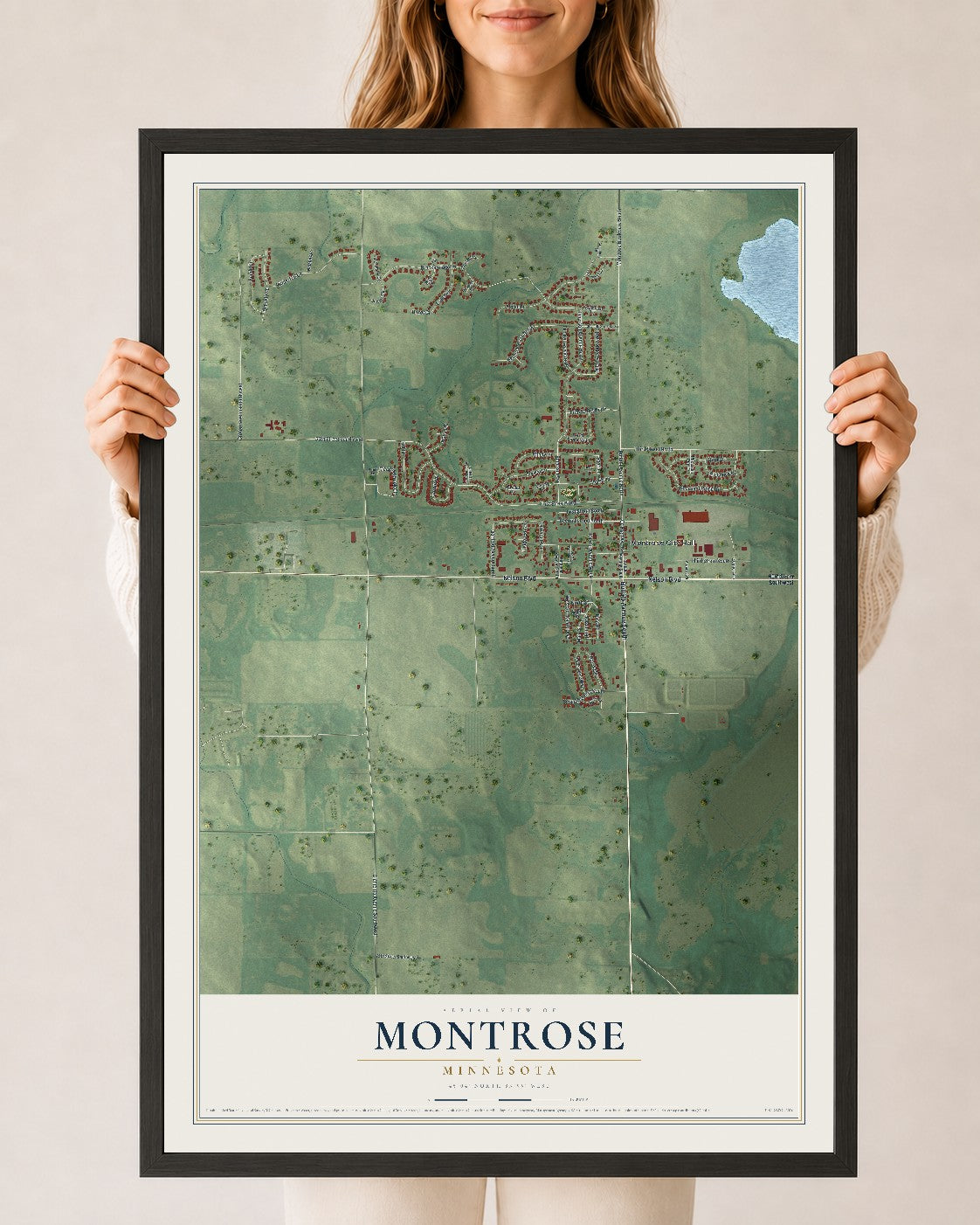 Map of Montrose, Minnesota, 24 x 36 inch print in a black wood frame