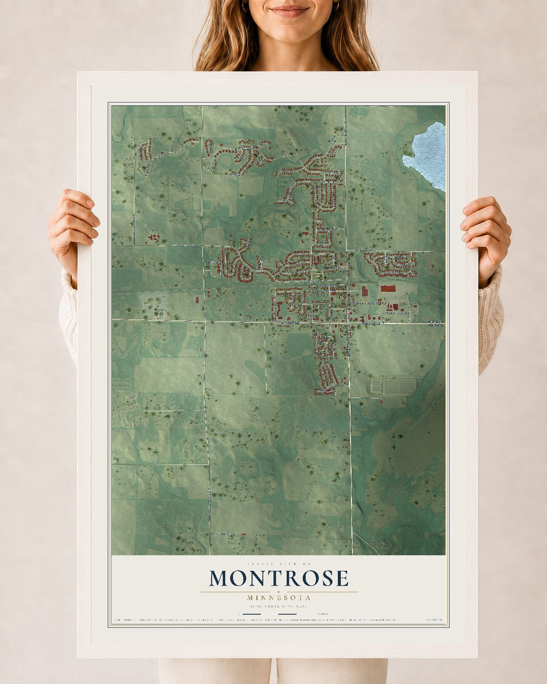Map of Montrose, Minnesota, 24 x 36 inch print in a white wood frame
