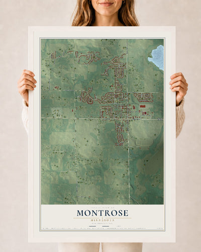 Map of Montrose, Minnesota, 24 x 36 inch print in a white wood frame