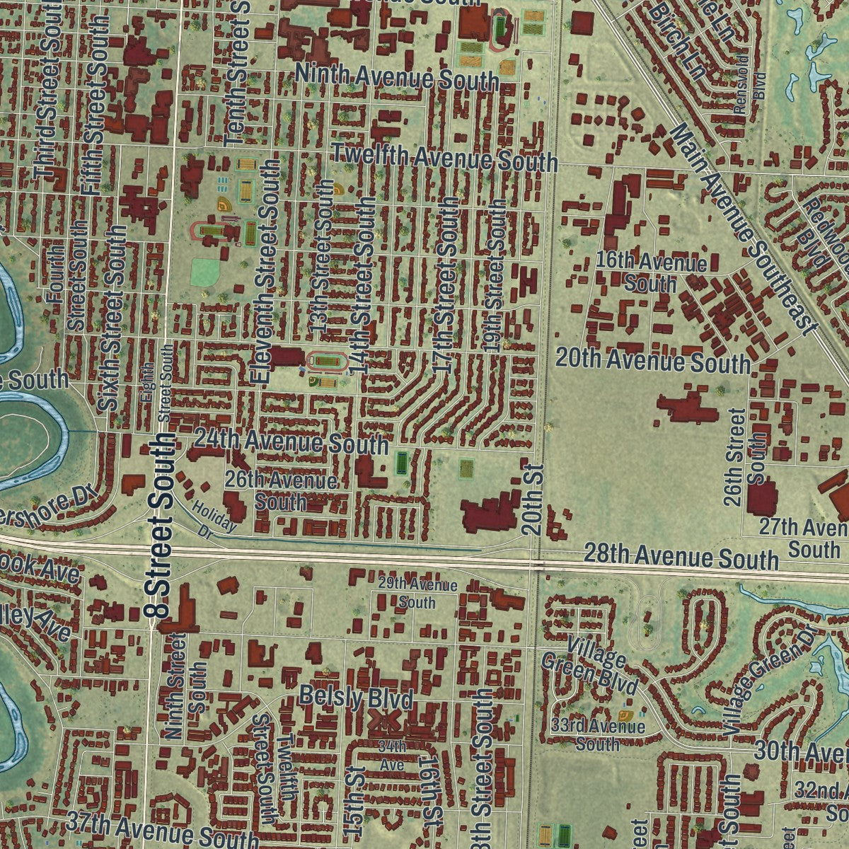 Close-up of the map of Moorhead, Minnesota print showing street and building detail