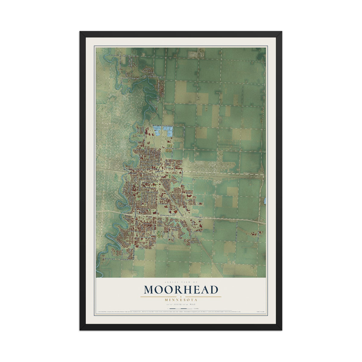 Map of Moorhead, Minnesota, 12 x 18 inch print in a black wood frame