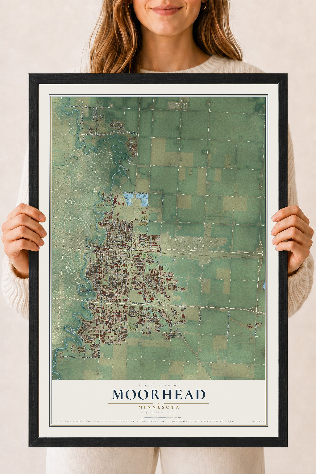 Map of Moorhead, Minnesota, 18 x 24 inch print in a black wood frame
