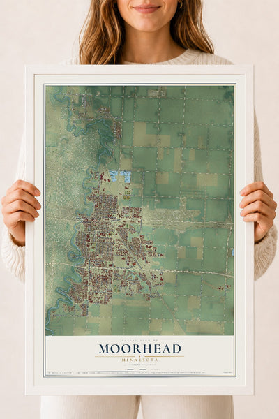 Map of Moorhead, Minnesota, 18 x 24 inch print in a white wood frame