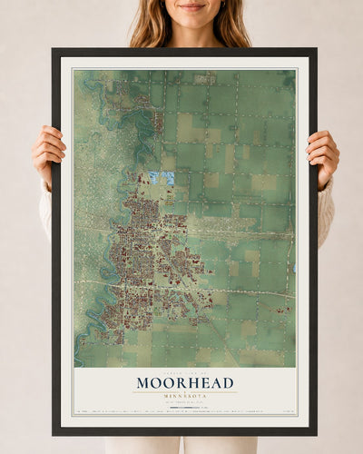 Map of Moorhead, Minnesota, 24 x 36 inch print in a black wood frame