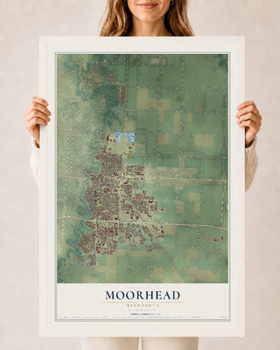 Map of Moorhead, Minnesota, 24 x 36 inch print in a white wood frame