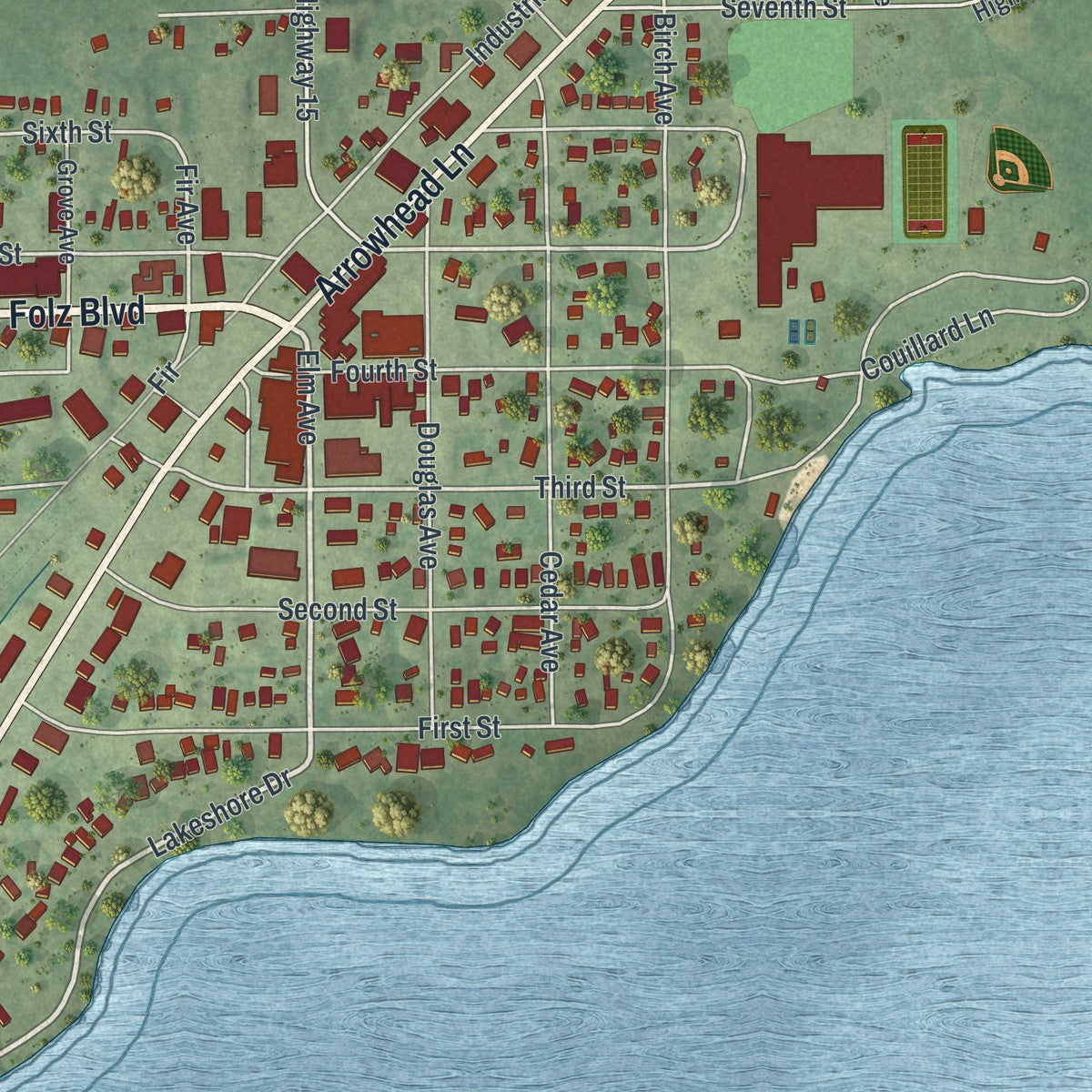 Close-up of the map of Moose Lake, Minnesota print showing street and building detail