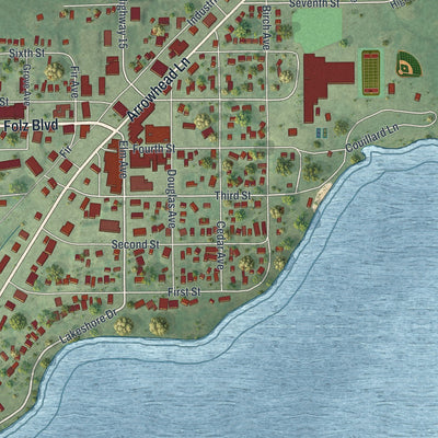 Close-up of the map of Moose Lake, Minnesota print showing street and building detail