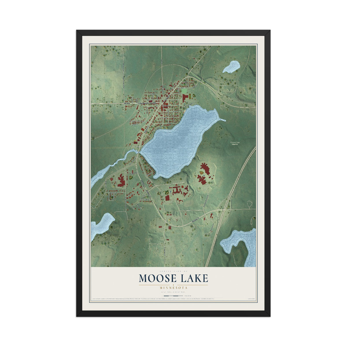Map of Moose Lake, Minnesota, 12 x 18 inch print in a black wood frame