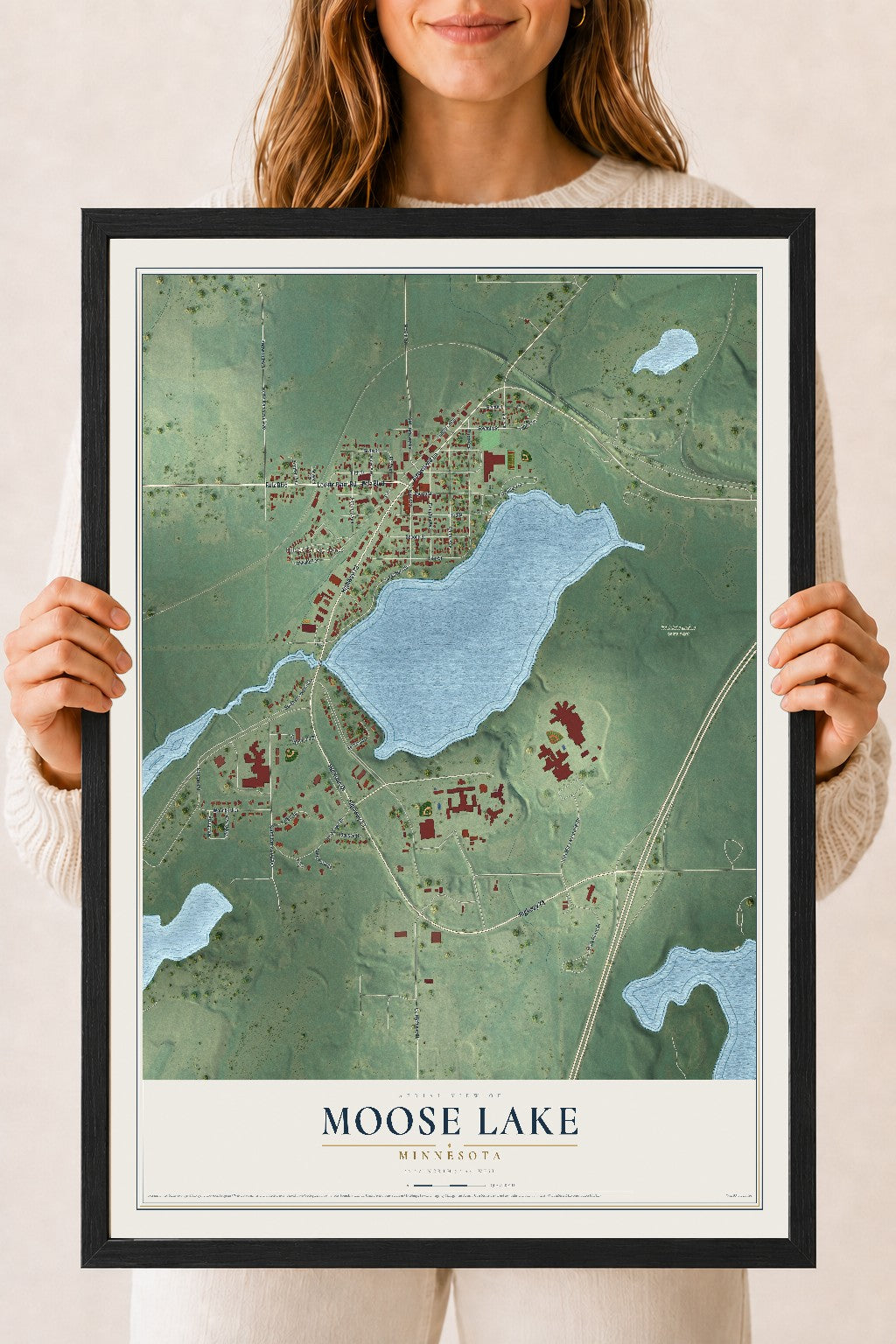 Map of Moose Lake, Minnesota, 18 x 24 inch print in a black wood frame