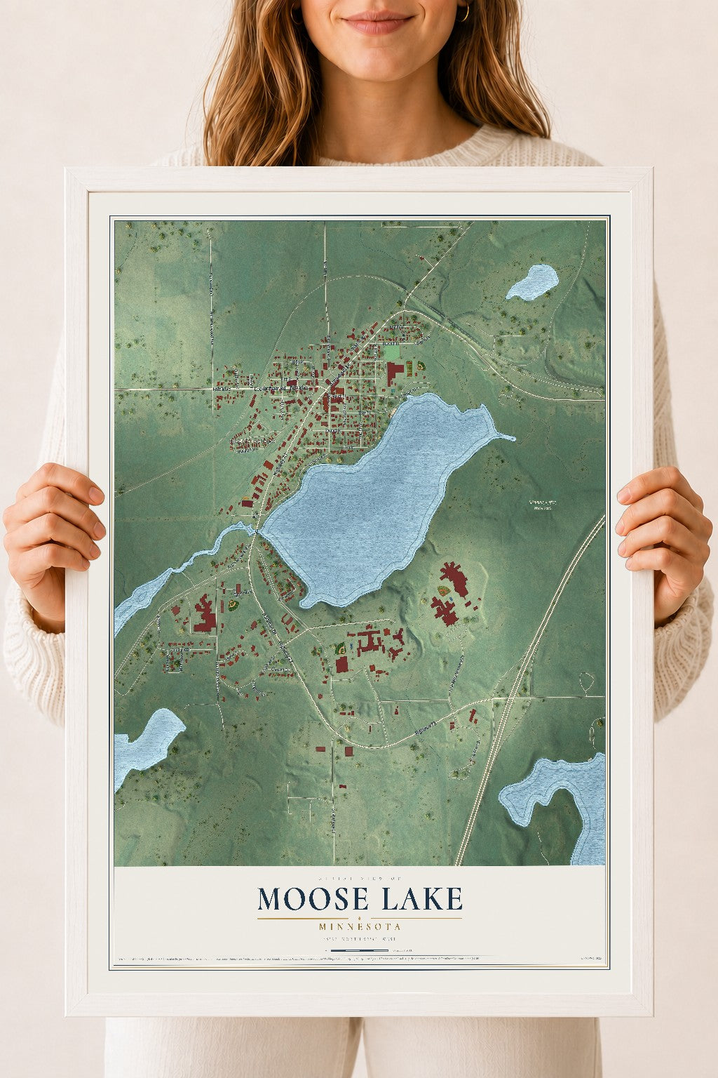 Map of Moose Lake, Minnesota, 18 x 24 inch print in a white wood frame