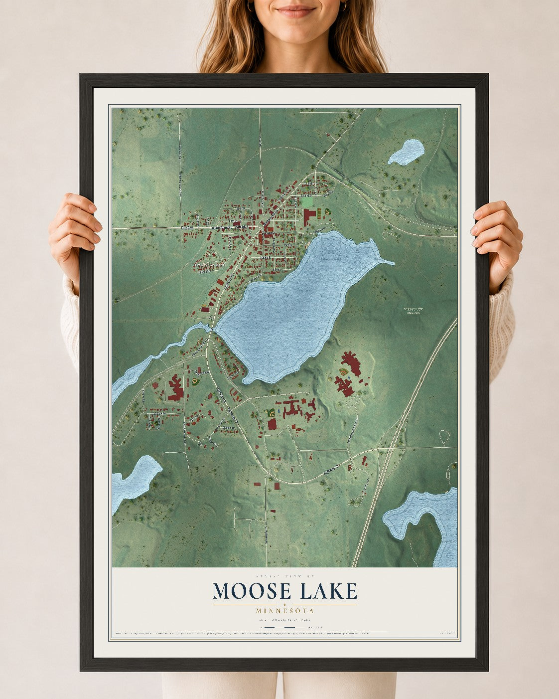 Map of Moose Lake, Minnesota, 24 x 36 inch print in a black wood frame