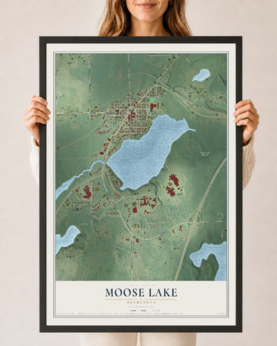 Map of Moose Lake, Minnesota, 24 x 36 inch print in a black wood frame