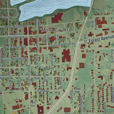 Close-up of the map of Mora, Minnesota print showing street and building detail