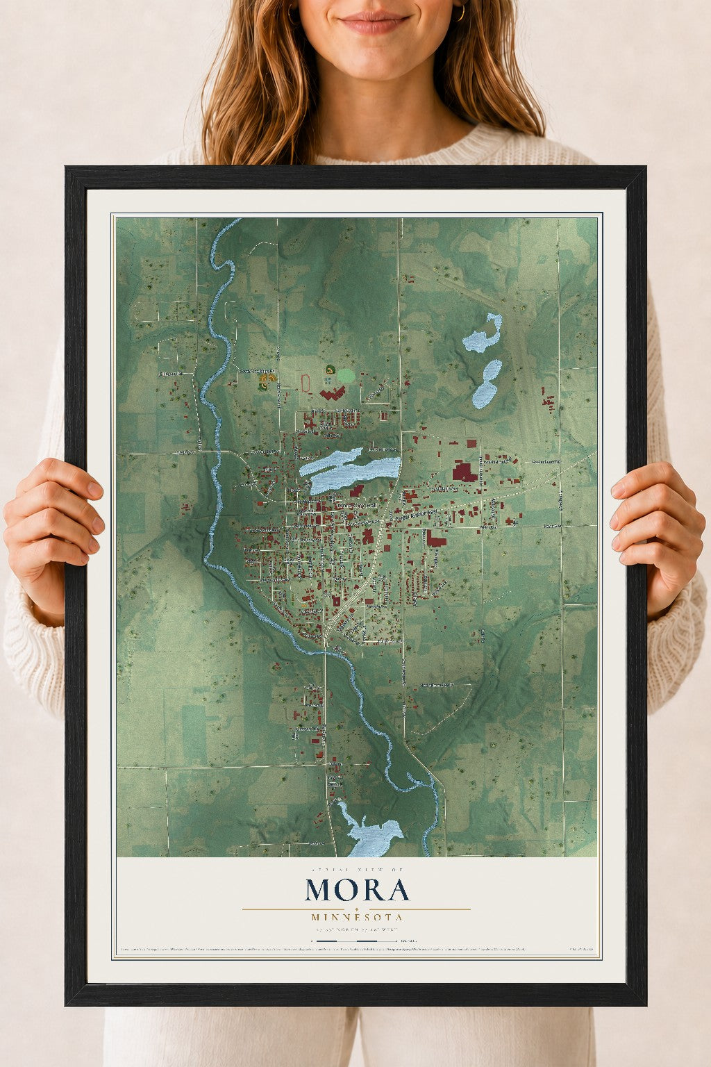 Map of Mora, Minnesota, 18 x 24 inch print in a black wood frame