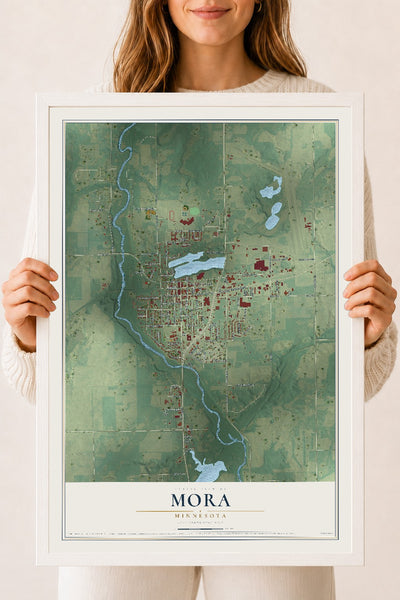 Map of Mora, Minnesota, 18 x 24 inch print in a white wood frame