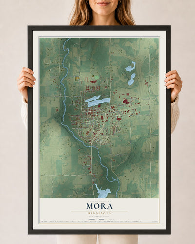 Map of Mora, Minnesota, 24 x 36 inch print in a black wood frame