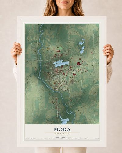 Map of Mora, Minnesota, 24 x 36 inch print in a white wood frame