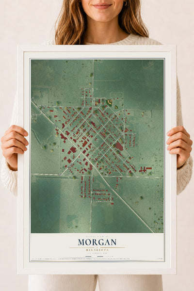 Map of Morgan, Minnesota, 18 x 24 inch print in a white wood frame