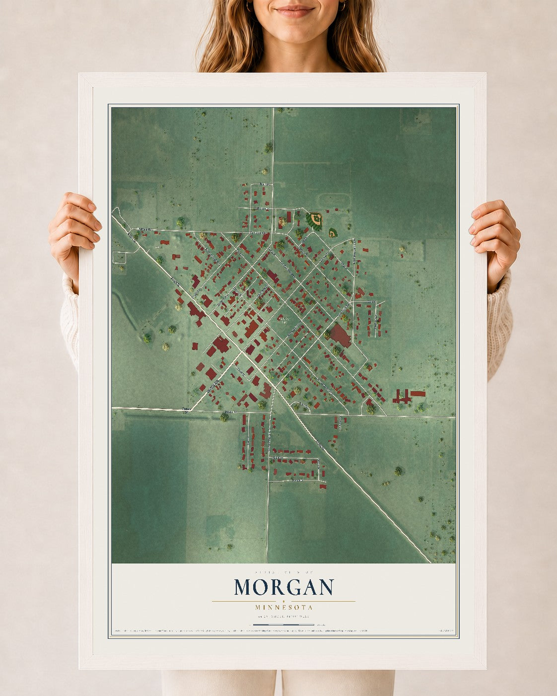 Map of Morgan, Minnesota, 24 x 36 inch print in a white wood frame