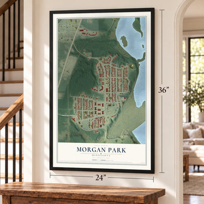 Morgan Park, Minnesota map, 24 x 36 inch print in a black frame by a staircase